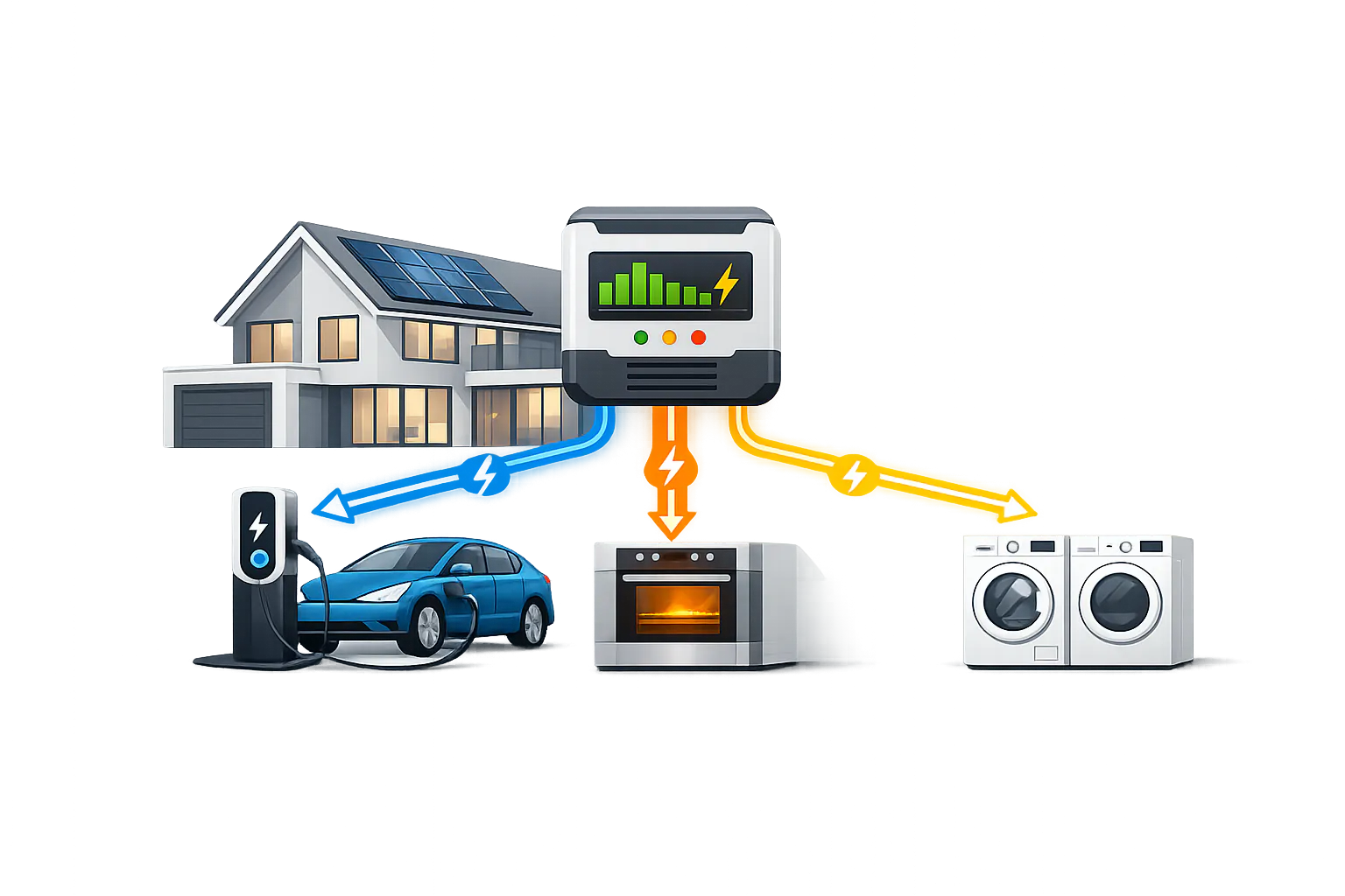 Illustratie van dynamische load balancing die het beschikbare vermogen verdeelt tussen een woning, laadpaal en elektrische toestellen