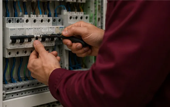 ThuisVolt installateur sluit load balancing bekabeling aan in de zekeringkast
