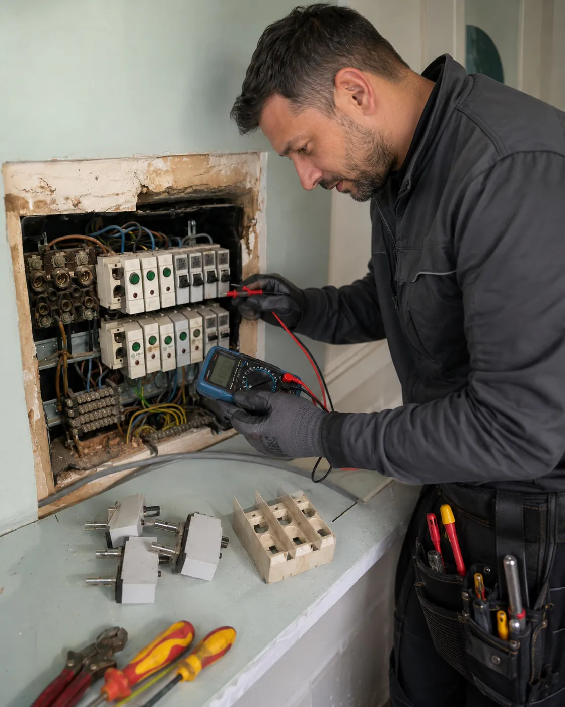 Elektricien controleert een oude zekeringkast met een meettoestel